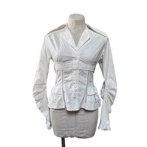 Byron Lars Beauty Mark White Corset Button-Down Blouse w Lace Trim & Pockets Siz